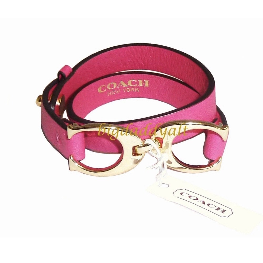 COACH Twin Signature Double Wrap Leather Bangle Bracelet Pink Ruby Brass 99792
